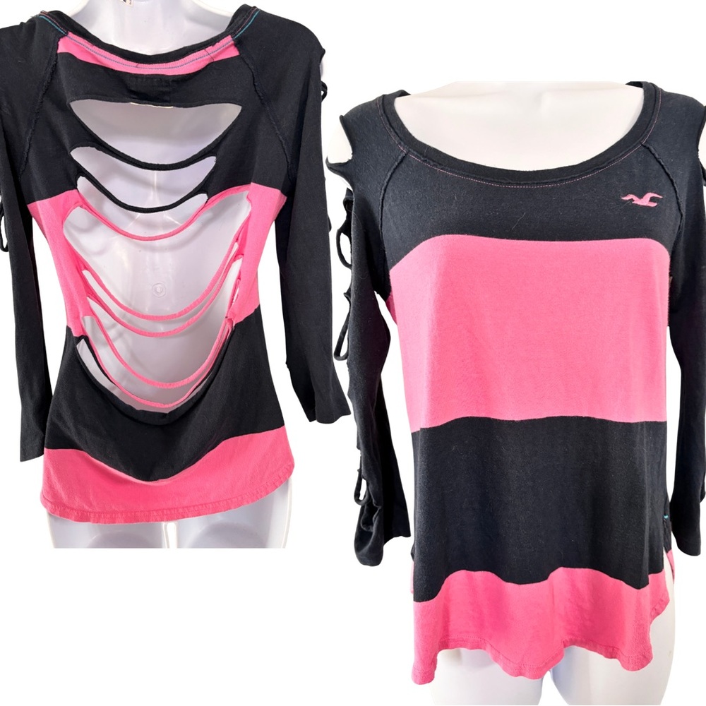 UPCYCLED Top Black Pink Striped Handmade Cutout Back Long Sleeves Womens SZ S